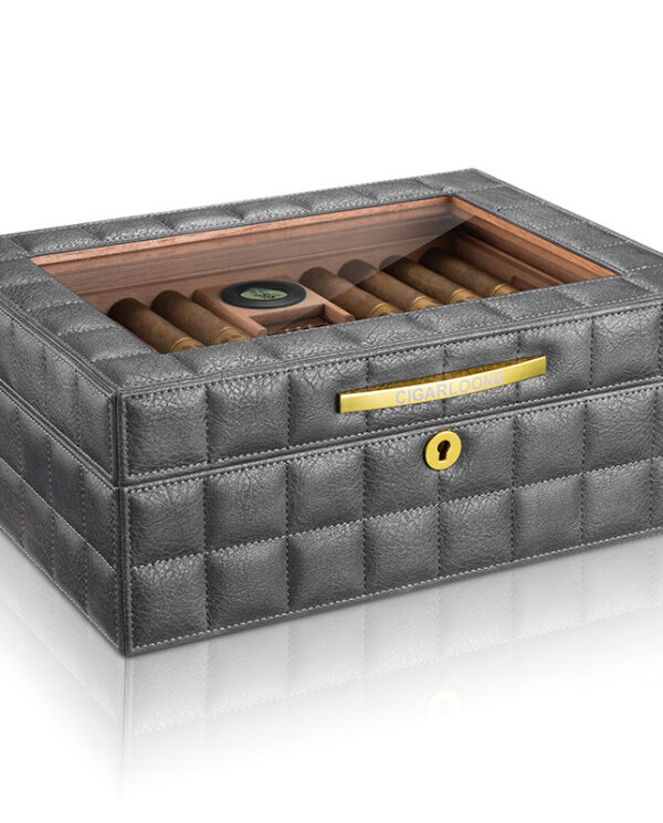 CH014-07 Gray quilted leather cigar humidor with glass lid and cigars inside.