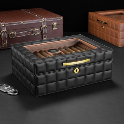 Black quilted leather glass-top cigar humidor with Spanish cedar interior