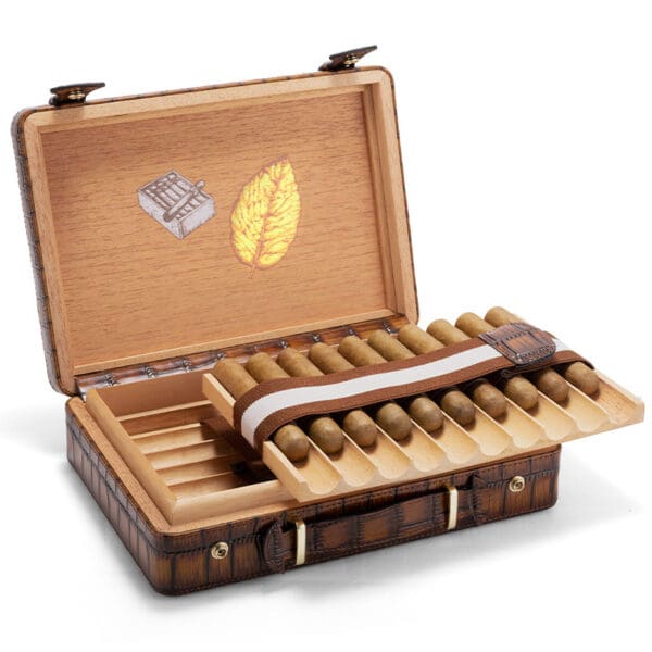 CH015-02 Open wooden cigar humidor with a row of cigars arranged in a sliding tray and a brown strap inside.