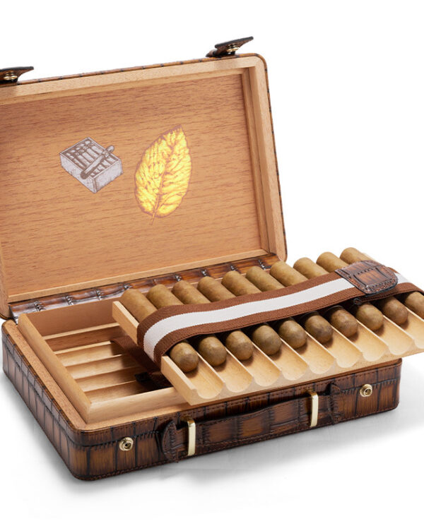 CH015-02 Open wooden cigar humidor with a row of cigars arranged in a sliding tray and a brown strap inside.