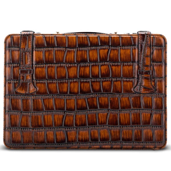 CH015-05 Brown crocodile-embossed leather clutch with two vertical strap tabs on top edge, rectangular shape, no visible branding.