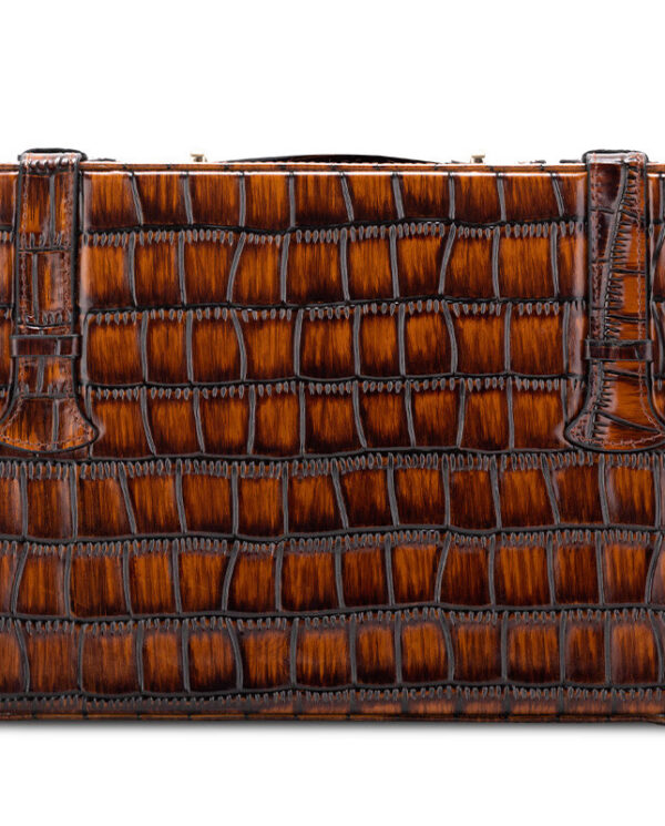 CH015-05 Brown crocodile-embossed leather clutch with two vertical strap tabs on top edge, rectangular shape, no visible branding.