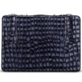 Dark blue crocodile-embossed leather briefcase with two top handles.