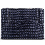 Dark blue crocodile-embossed leather briefcase with two top handles.