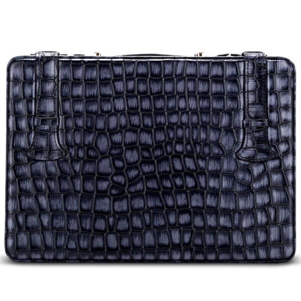 CH015-06 Dark blue crocodile-embossed leather briefcase with two top handles.