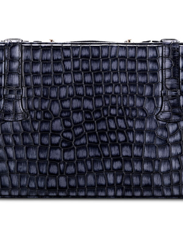 CH015-06 Dark blue crocodile-embossed leather briefcase with two top handles.