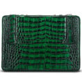 Green crocodile-embossed clutch purse with a rectangular silhouette and black edging.