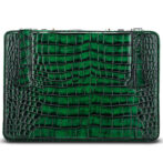Green crocodile-embossed clutch purse with a rectangular silhouette and black edging.