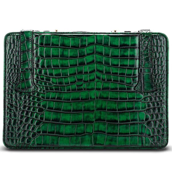 CH015-07 Green crocodile-embossed clutch purse with a rectangular silhouette and black edging.