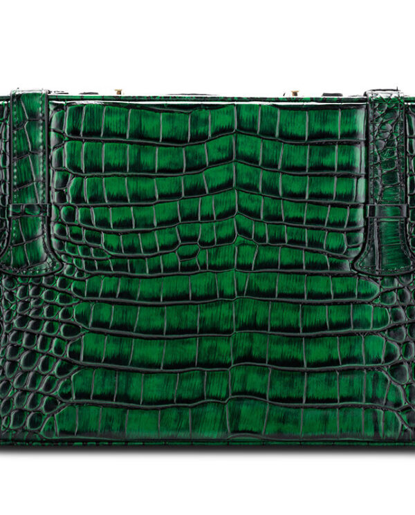 CH015-07 Green crocodile-embossed clutch purse with a rectangular silhouette and black edging.