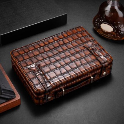 Earthy Brown crocodile-embossed leather travel cigar humidor case