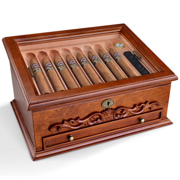 CH016-04 Ornate mahogany cigar humidor with glass top, showing a row of cigars and a small drawer beneath