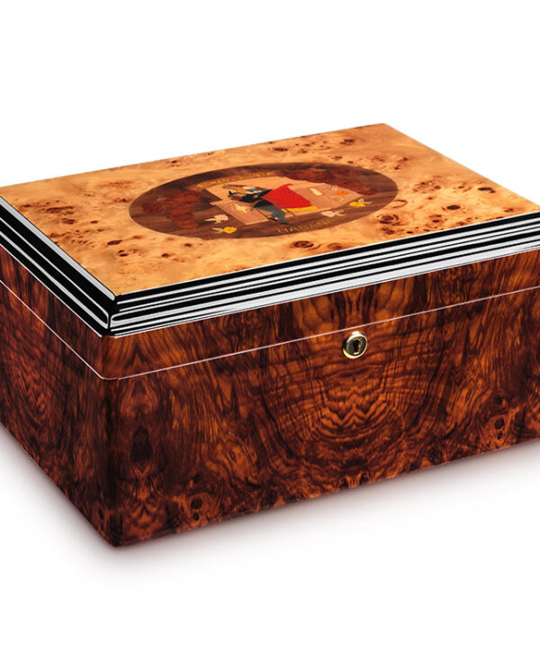 Decorative burl wood keepsake box with a round inlay on the lid and a small brass lock.