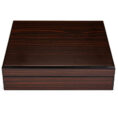 Dark polished wooden rectangular box with the lid closed, showing a rich wood grain surface.