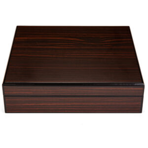 Dark polished wooden rectangular box with the lid closed, showing a rich wood grain surface.