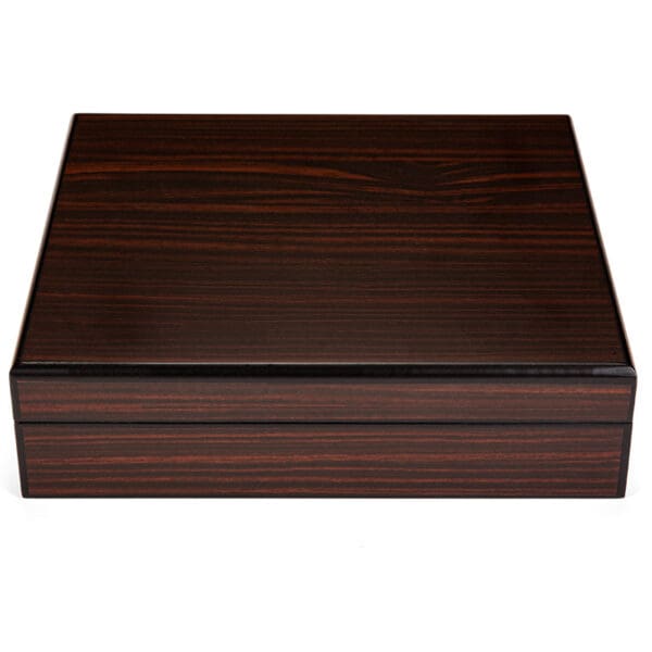 Dark polished wooden rectangular box with the lid closed, showing a rich wood grain surface.