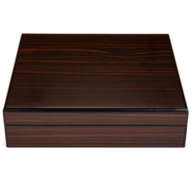 Dark polished wooden rectangular box with the lid closed, showing a rich wood grain surface.