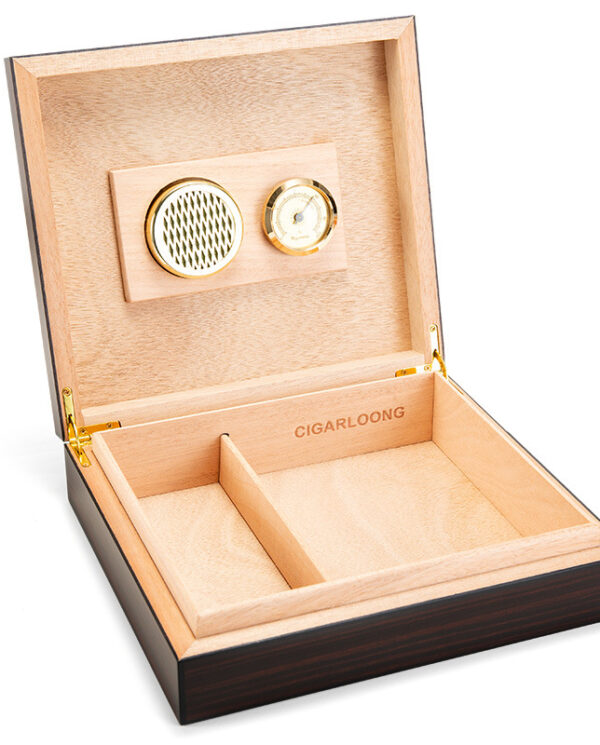 CH018-03 Wooden cigar humidor with open lid showing hygrometer and humidifier on the lid, and divided storage tray inside.