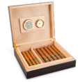 Open wooden cigar humidor with cigars neatly arranged in compartments and a hygrometer on the lid