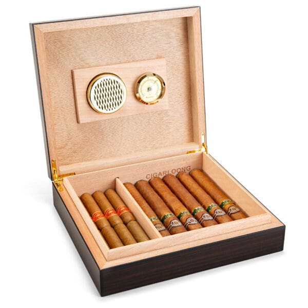 Open wooden cigar humidor with cigars neatly arranged in compartments and a hygrometer on the lid