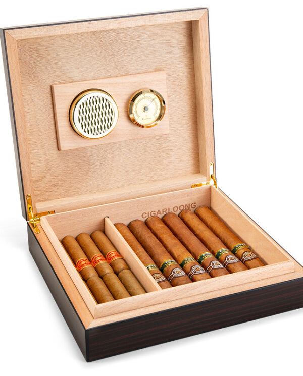 CH018-04 Open wooden cigar humidor with cigars neatly arranged in compartments and a hygrometer on the lid