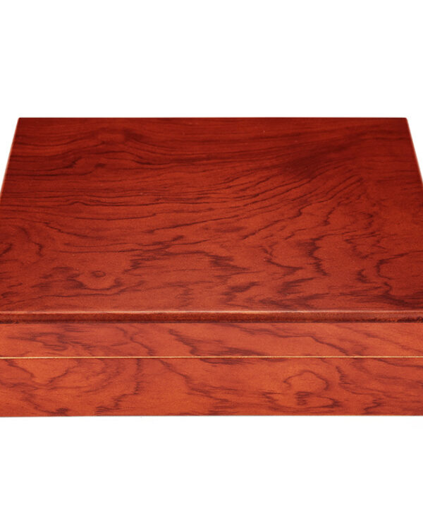 CH018-05 Rectangular wooden box with a polished reddish-brown finish and visible grain patterns, closed against a white background.