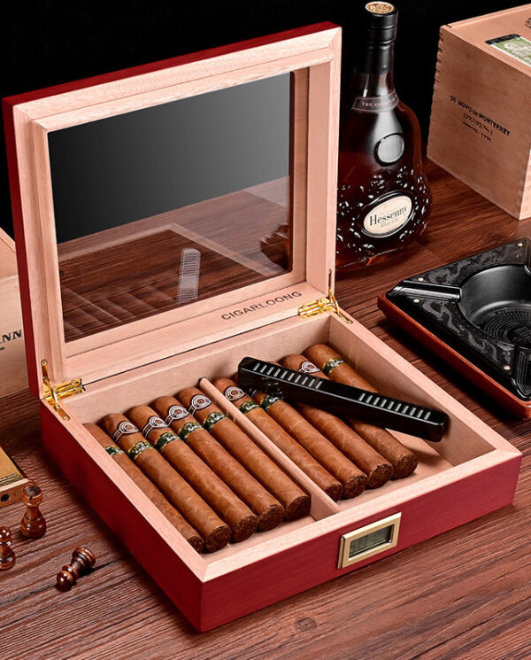 CH019-01 Open wooden cigar humidor filled with cigars, a black lighter rests on the lid, and a hygrometer/display sits inside the case.
