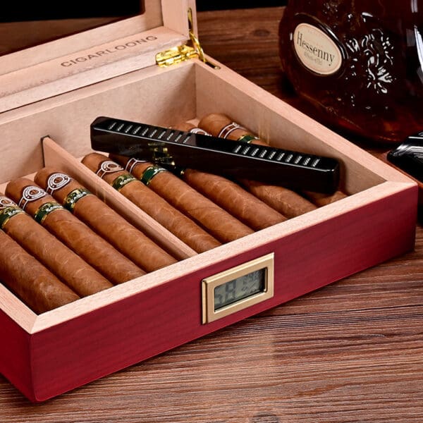 CH019-03 Open wooden cigar humidor with seven cigars inside and a digital humidity/temperature display on the front.