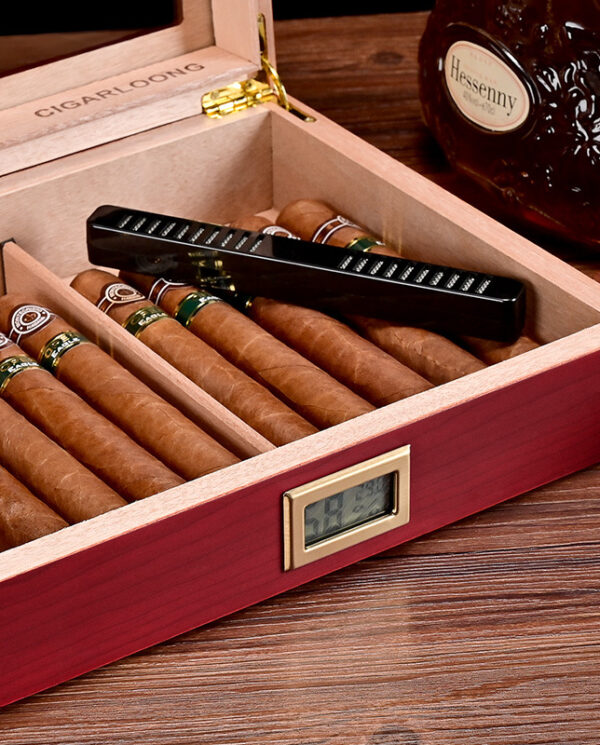 CH019-03 Open wooden cigar humidor with seven cigars inside and a digital humidity/temperature display on the front.