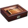 Wooden cigar humidor with glass top displaying cigars inside and a digital hygrometer on the front.