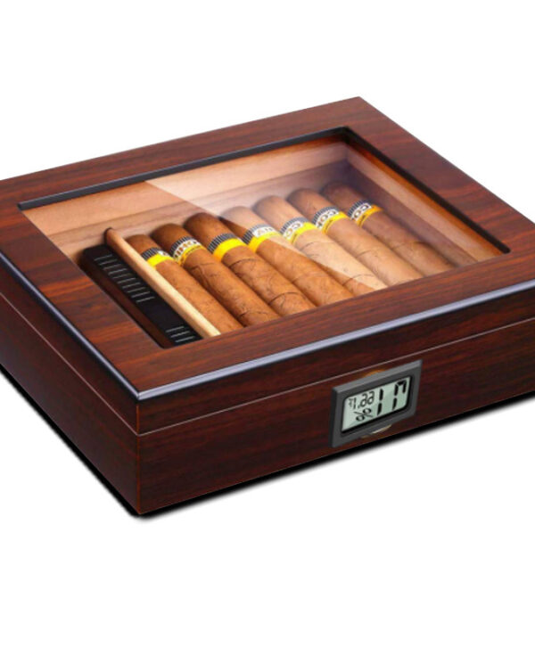 CH019-04 Wooden cigar humidor with glass top displaying cigars inside and a digital hygrometer on the front.