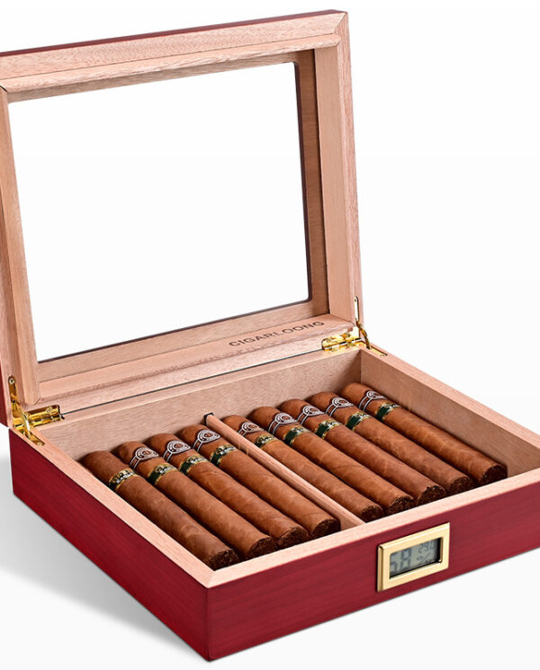 CH019-05 Open wooden cigar humidor with a glass lid, holding twelve cigars and a small digital humidity/display panel on the front.