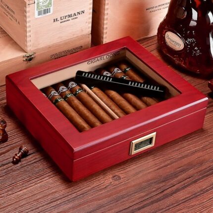 Open rosewood clear-top cigar humidor with cigars and digital hygrometer