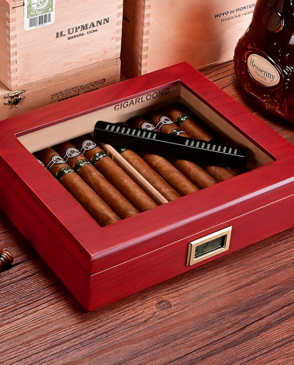 CH019 Red wooden cigar humidor opened to reveal cigars inside and a digital hygrometer on the front edge.