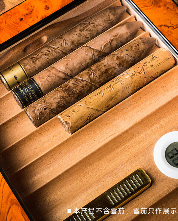 CH020-01 Wooden cigar humidor with several cigars and a digital hygrometer showing about 62% humidity (cigars not included).