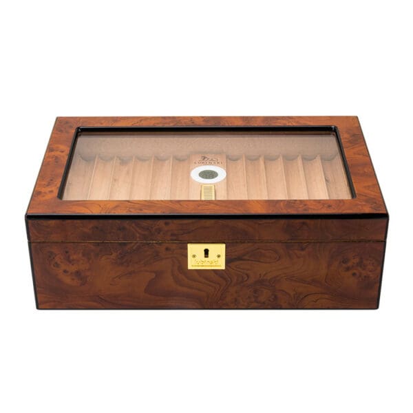 CH020-04 Wooden cigar humidor with a glass top showing lined interior and a small circular humidification device inside, plus a gold lock on the front.