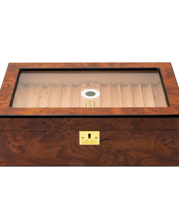 CH020-04 Wooden cigar humidor with a glass top showing lined interior and a small circular humidification device inside, plus a gold lock on the front.