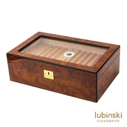 LUBINSKI burl wood glass-top cigar humidor with cedar interior