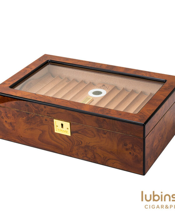 CH020 Wooden cigar humidor with a glass lid, burl wood finish, and lined interior for cigars; Lubinski Cigars & Pipe logo visible in the corner.