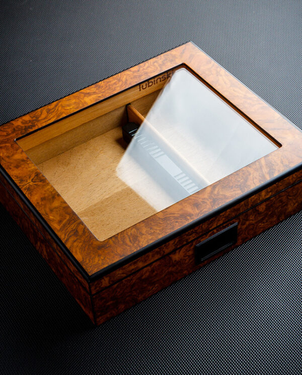 CH021-01 Wooden display box with a glass lid on a dark textured surface, empty interior and small latch on the side