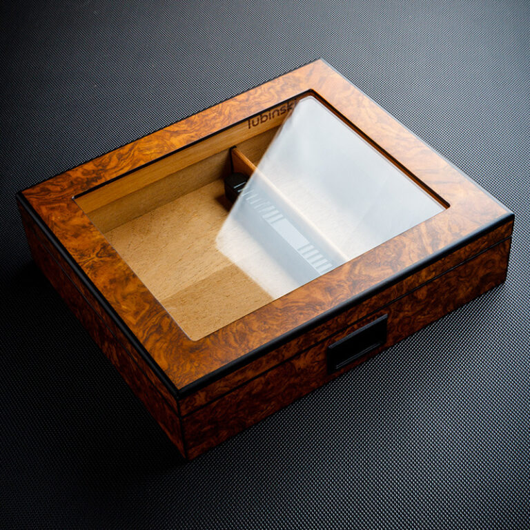 CH021-01 Wooden display box with a glass lid on a dark textured surface, empty interior and small latch on the side