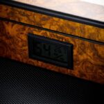 Close-up of the digital hygrometer and thermometer in the LUBINSKI humidor