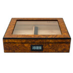 Wooden burl humidor with glass lid and a digital humidity display on the front.