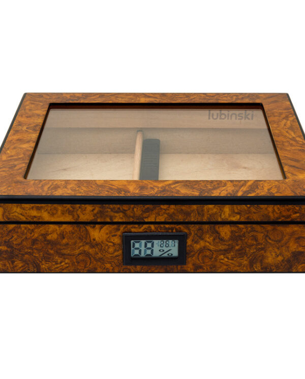 CH021-04 Wooden burl humidor with glass lid and a digital humidity display on the front.