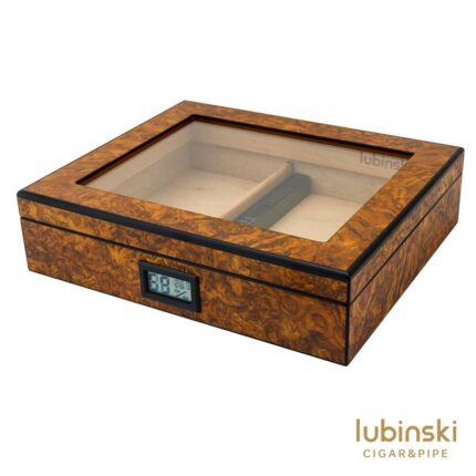 LUBINSKI burl wood glass-top humidor with built-in digital hygrometer