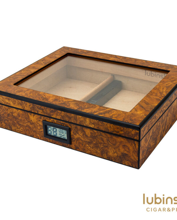 CH021 Wooden burl humidor with glass lid and built‑in digital hygrometer; Lubinski Cigar & Pipe branding visible in corner.