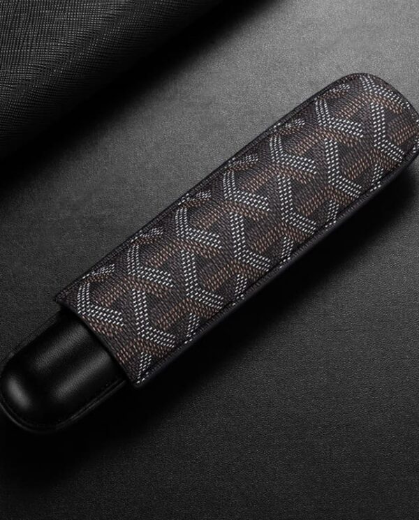 CL030-01 Slim device wrapped in a brown patterned fabric sleeve on a dark surface, showing a chevron-like design and black ends.