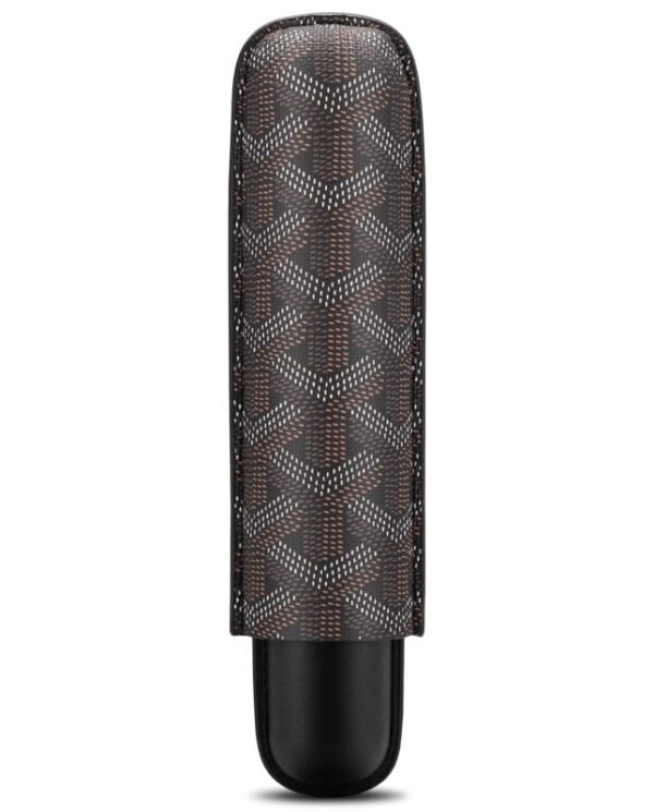 CL030-04 Cylindrical makeup tube with a brown geometric patterned sleeve and a black rounded cap standing upright on a white background.