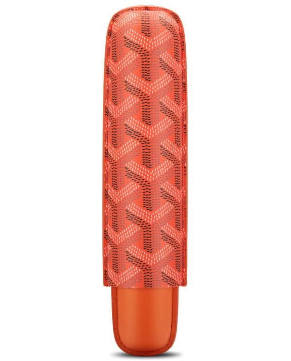 CL030-07 Orange lipstick in a patterned translucent case with a curved cap, standing upright.