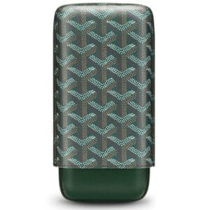 Phone case with a teal-brown geometric pattern on the top and dark green leather base at the bottom.